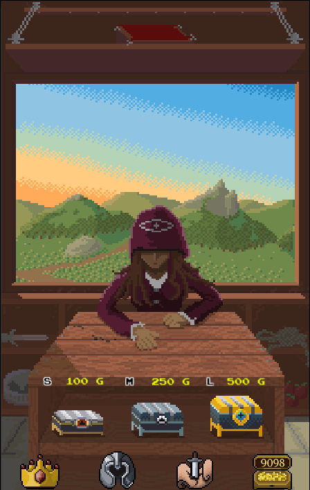 As you can see I added a lot more detail to the desk, the floor, the background, and even the animation of the shop keep. Kiril also updated the chests giving them better locks and drop shadows. He also made a new shop button and updated the other 3 home buttons.
