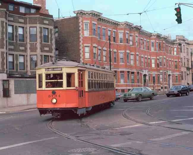 This vintage Boston Elevated trolley # 5734 makes its way onto South Huntington Ave. during this 1985 photo. 
