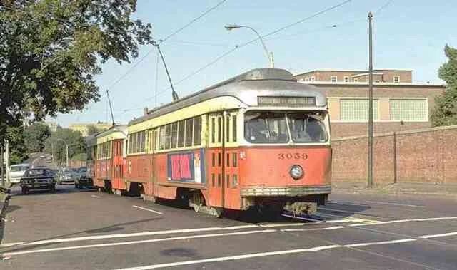 Trolley # 3059 travels on South Huntington Ave. near Perkins Street in this 1970 photo on its way to the Arborway. The massive MSPCA complex can be seen on the right.