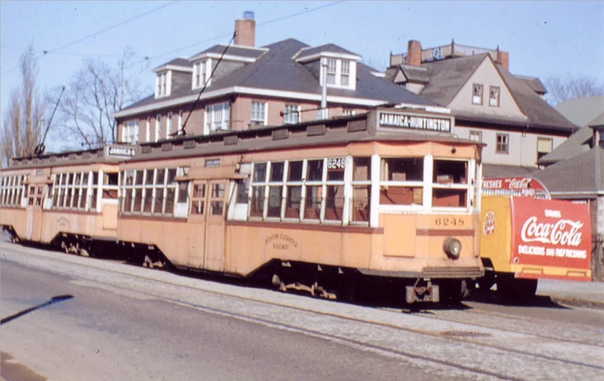 A trolley on South Huntington Ave. in 1942. 