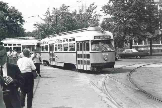 Trolley # 3313 enters the Heath Street Loop during this 1968 photo op. Longwood Hospital can be seen behind the trolley.