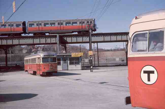 Here's an interesting scene captured in this 1966 Arborway Yard photo showing three different forms of public transportation offered by the MBTA. Notice the driver posing for the photographer on his trip out of the yard.