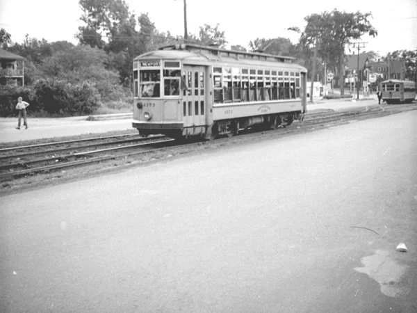 A 4373 type car built for the Boston-Lowell line and other long-haul lines in the Merrimac Valley. It was never commonly used in this area for standard fare service and is shown here on an excursion trip for trolley fans in 1941.