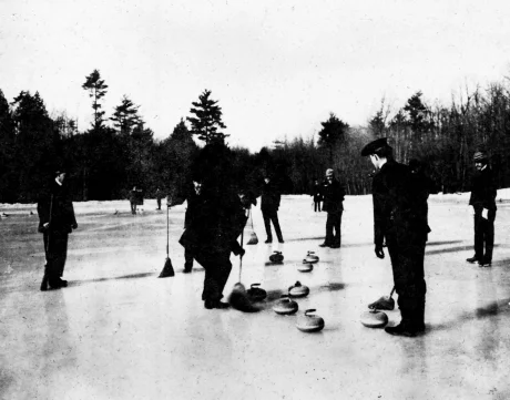 A group of men enjoy a game of curling on Jamaica Pond circa 1900. Photograph furnished courtesy of the Boston Public Library. 