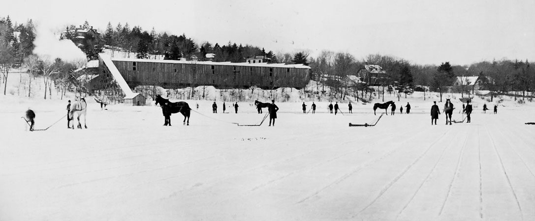 Men at Jamaica Pond stand with horse-drawn sleds used to move the ice to the icehouses. Photograph courtesy of the Boston Public Library.