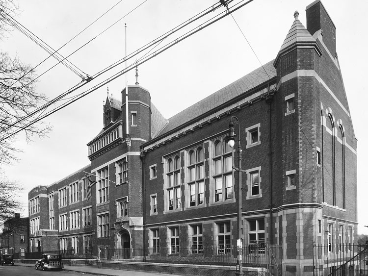 The Jamaica Plain High School at 76 Elm Street was built in 1900. The impressive building is designed in Tudor Revival style. Photograph courtesy of David Rooney.