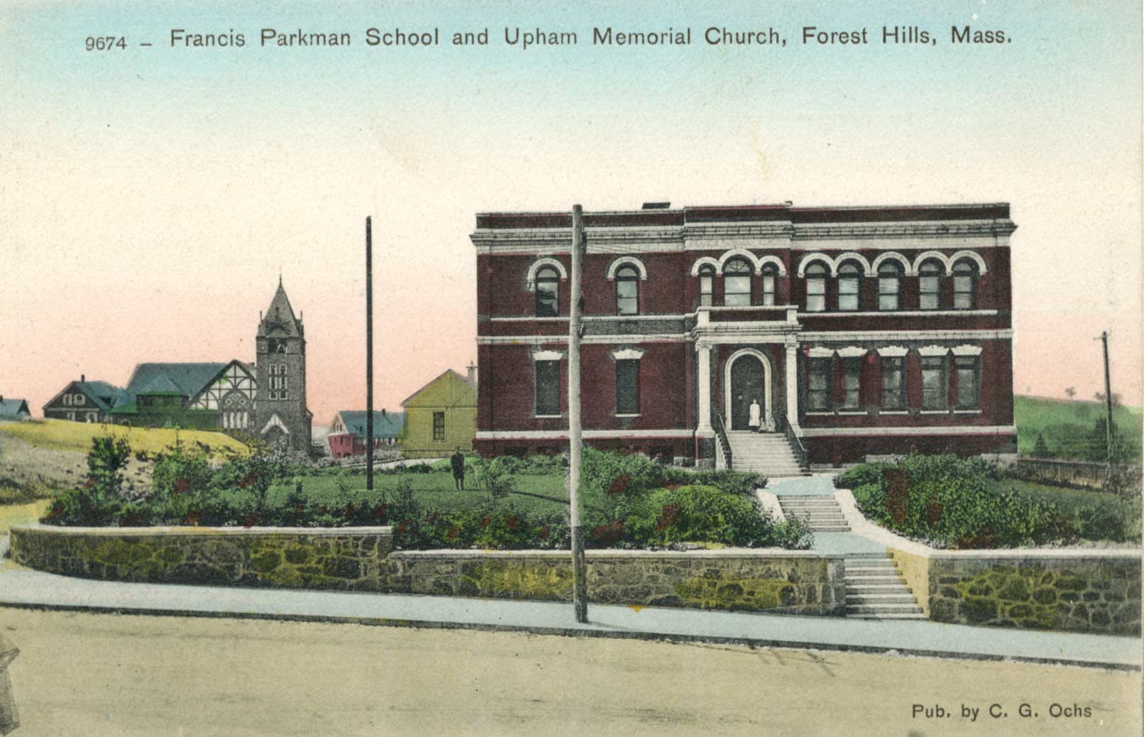   The Parkman School with Upham Memorial Church in the background. Scanned from a postcard donated by Annie Finnegan, November 2007.  