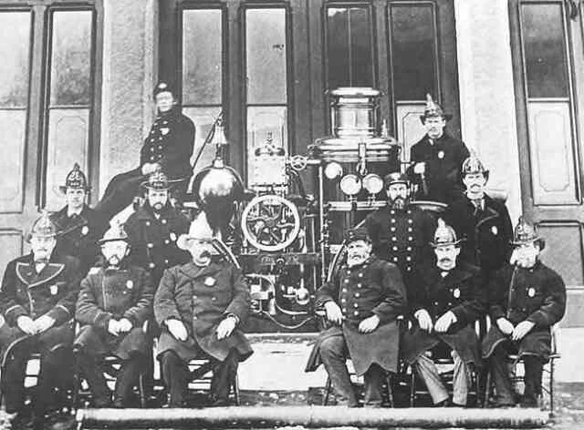 Firemen outside of Engine Company 28 on Centre Street. This building currently houses J.P. Licks. Courtesy of Jamaica Plain Branch of the Boston Public Library.