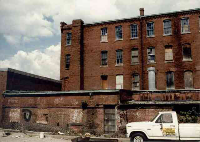 This early 1980s photograph shows building "P" at the Haffenreffer brewery complex just before renovations on the building began. Courtesy of the Jamaica Plain Neighborhood Development Corporation.