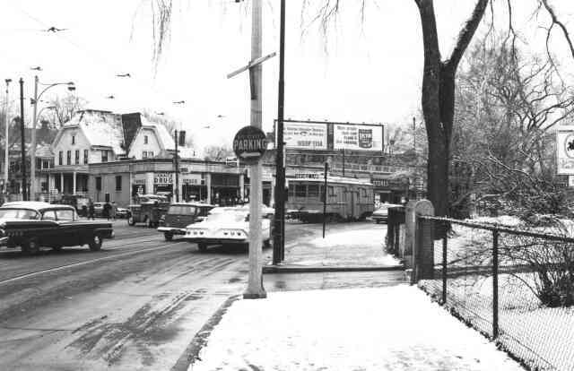 A view of Centre St. looking north towards Eliot St. in 1965. Courtesy of Frank Norton.