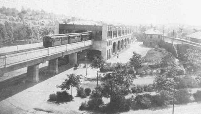 An elevated train leaves the newly completed Forest Hills station in 1908.