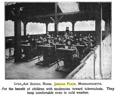  This photograph of an open air classroom in Jamaica Plain was published in the book Community Civics in 1921. This type of classroom was thought to protect children from tuberculosis infection and was part of an open air classroom movement in Europe