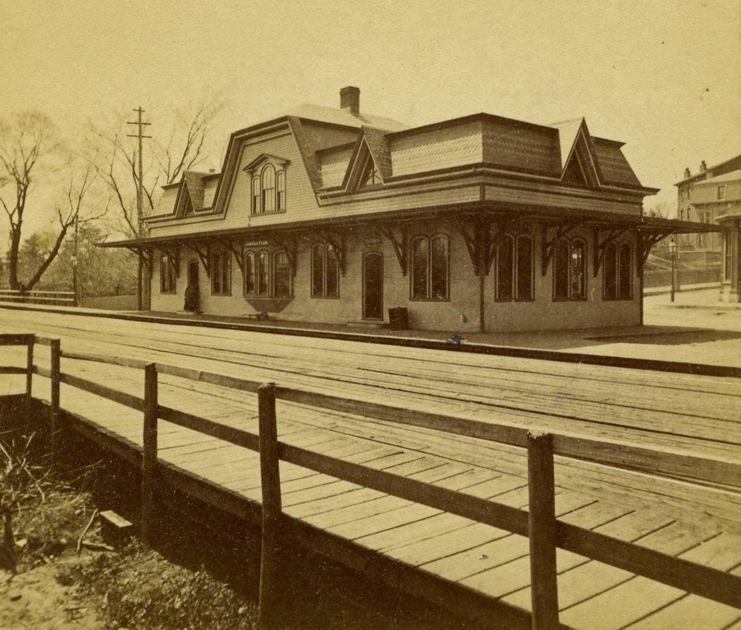   An image of the Jamaica Plain Station before the Boston &amp; Providence Railroad embankment was constructed. Gordon Street can be seen to the right rear of the station. The new incarnation of this stop is Green Street  MBTA  station on the Orange 