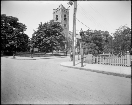     First Congregational Society (Unitarian church), corner of  Centre Street and Eliot Street.&nbsp;   ca. 1930 .&nbsp;  Photograph by Leon H. Abdalian, courtesty Boston Public Library.&nbsp;  