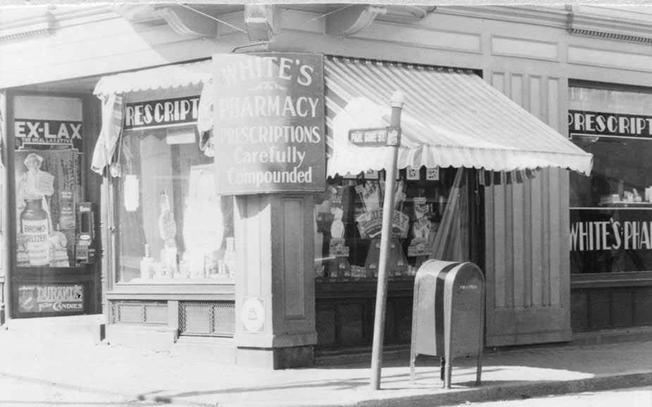   White&#8217;s Pharmacy on Paul Gore Street.&nbsp; Courtesy of Jane Bickford, Boston Public Library, Connolly Branch.  