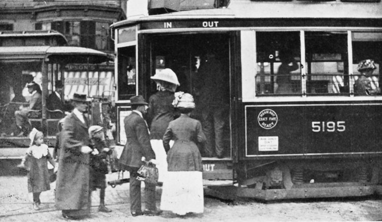 Car 5195, an Arborway subway car, loads passengers on Centre Street ca. 1912.