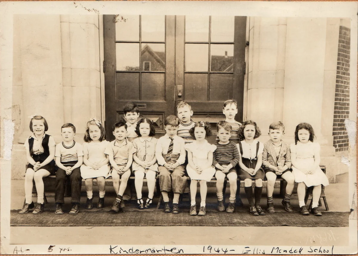 Ellis Mendell School, Kindergarten class of 1944. Photograph courtesy of Al Maze, shown at center. Download this photograph .