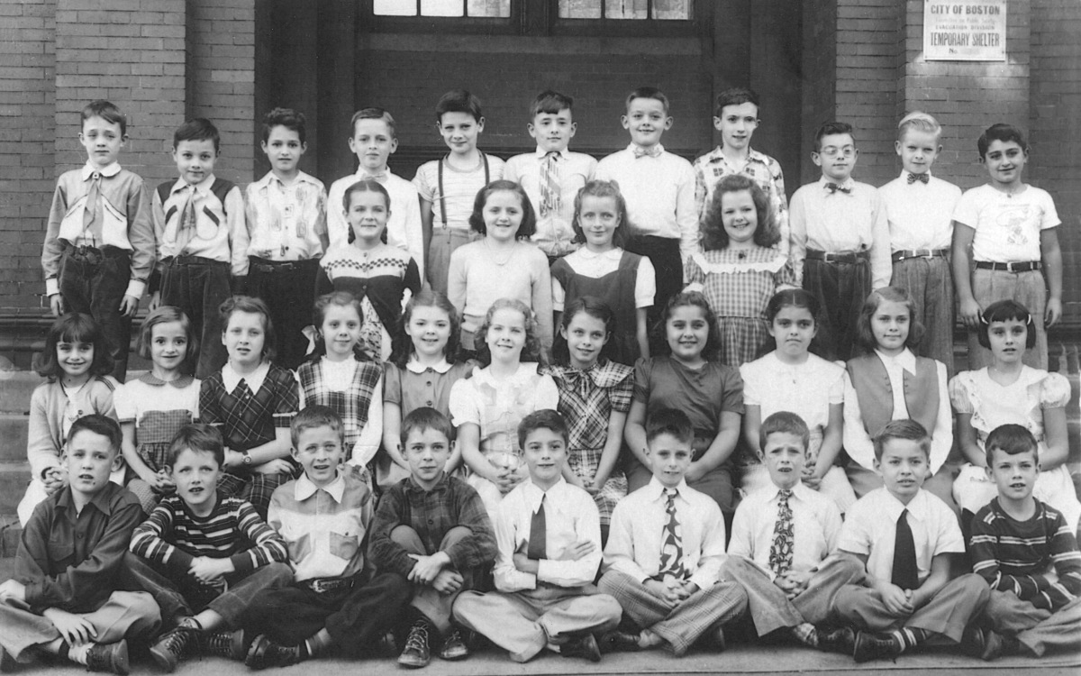 Agassiz School class of Ms. Charlotte Regele. 1950 - 1951. Grade 4 Back row : second from left, Paul Hinckley Third row : first and second from left: Noreen Kopp and Mae McLean Second row : fifth and sixth from left: Anne Rock and Constance Curtis Front row : sixth and seventh from left: Thomas Grady and Robert Grady; ninth from left, Arthur Tilley. Courtesy of Art Tilley