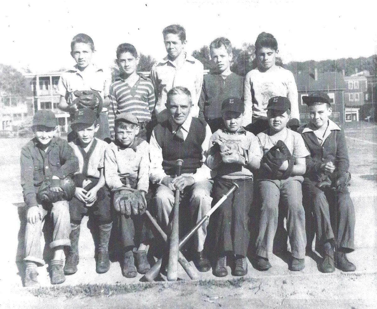 The Child Street Eagles, circa 1946 Front Row, left to right: Joe Patterson, Fran Keohane, Joe McDougall, Mr. Kelledy, Dick Kelledy, Larry Kelledy and Cornelius Keohane Back Row, left to right: John Keaney, George Mouradian, Paul O’Connor, Mike Flynn, Bernie Panos