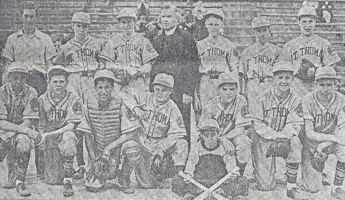 The St. Thomas Junior Team of Jamaica Plain won the divisional C.Y.O championship at the Carolina Avenue grounds by staging a brilliant last inning rally to edge Our Lady of Lourdes, 6-5. Behind 5-4 entering the last frame, Gambon opened the victory drive with a line single to center, and after Buckley flied to short right and Pacella fanned, scored the equalizer when Diggins tripled. Foxx Gately, with 3-2 count, then applied the Frank Merriwell finish with a long drive to left center scorring Diggins. Shown in the photograph are: front row (left to right) Pignat, McPherson, Pacella, Mulhern, Cunniff, Buckley, Gaffney, and McCarthy. Back row: Tracy, manager; Gately, Diggins, Rev. Fr. Maurice J. Flynn, Carty, O’Halloran, and Gambon. Photograph (circa 1941) courtesy of Joseph “Harry” Fitzgerald. 