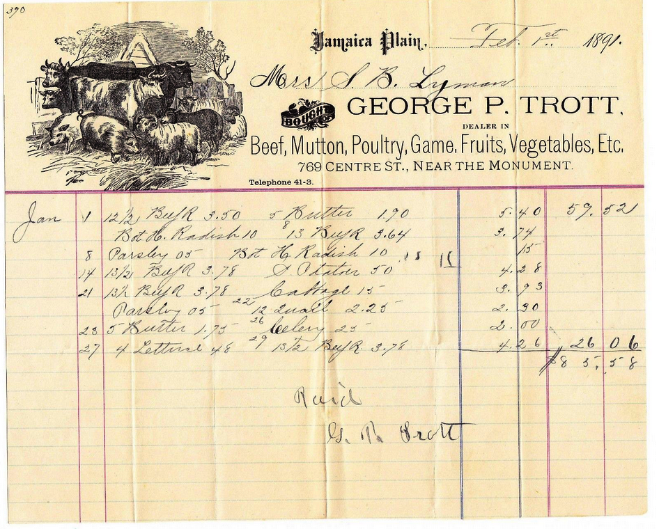 Bill from George P. Trott of 769 Centre Street. Dealer in meats, fruits, and vegetables. February 1, 1891. Download