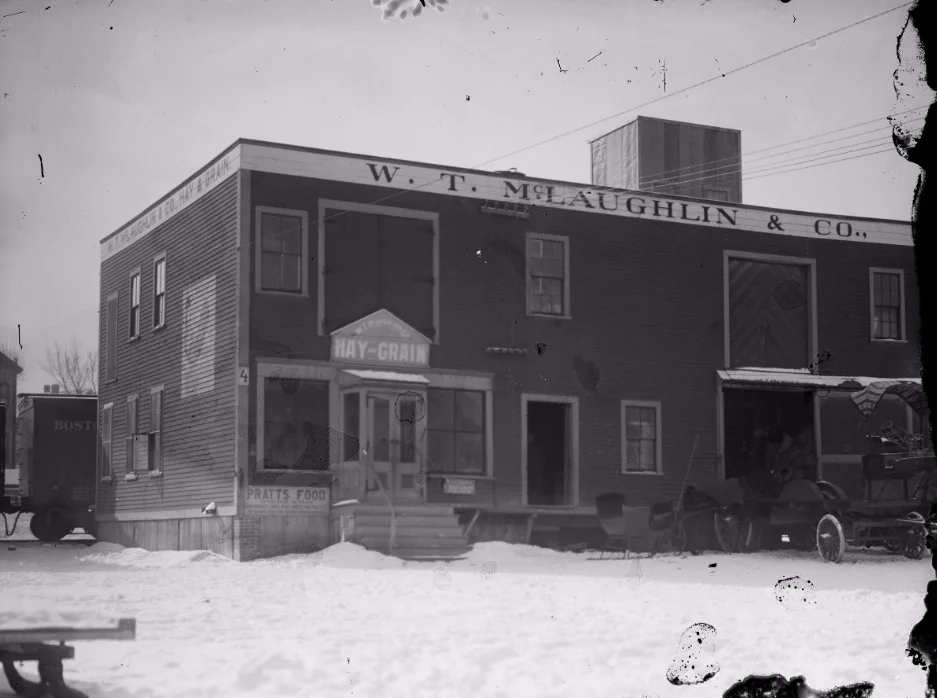 W.T. McLaughlin & Co., wholesale and retail dealers in flour, hay, grain, and mill feed. Office and storehouse 3357 Washington St., at the corner with Green St., Jamaica Plain. A full framed and high-resolution version of this photograph can be viewed here.