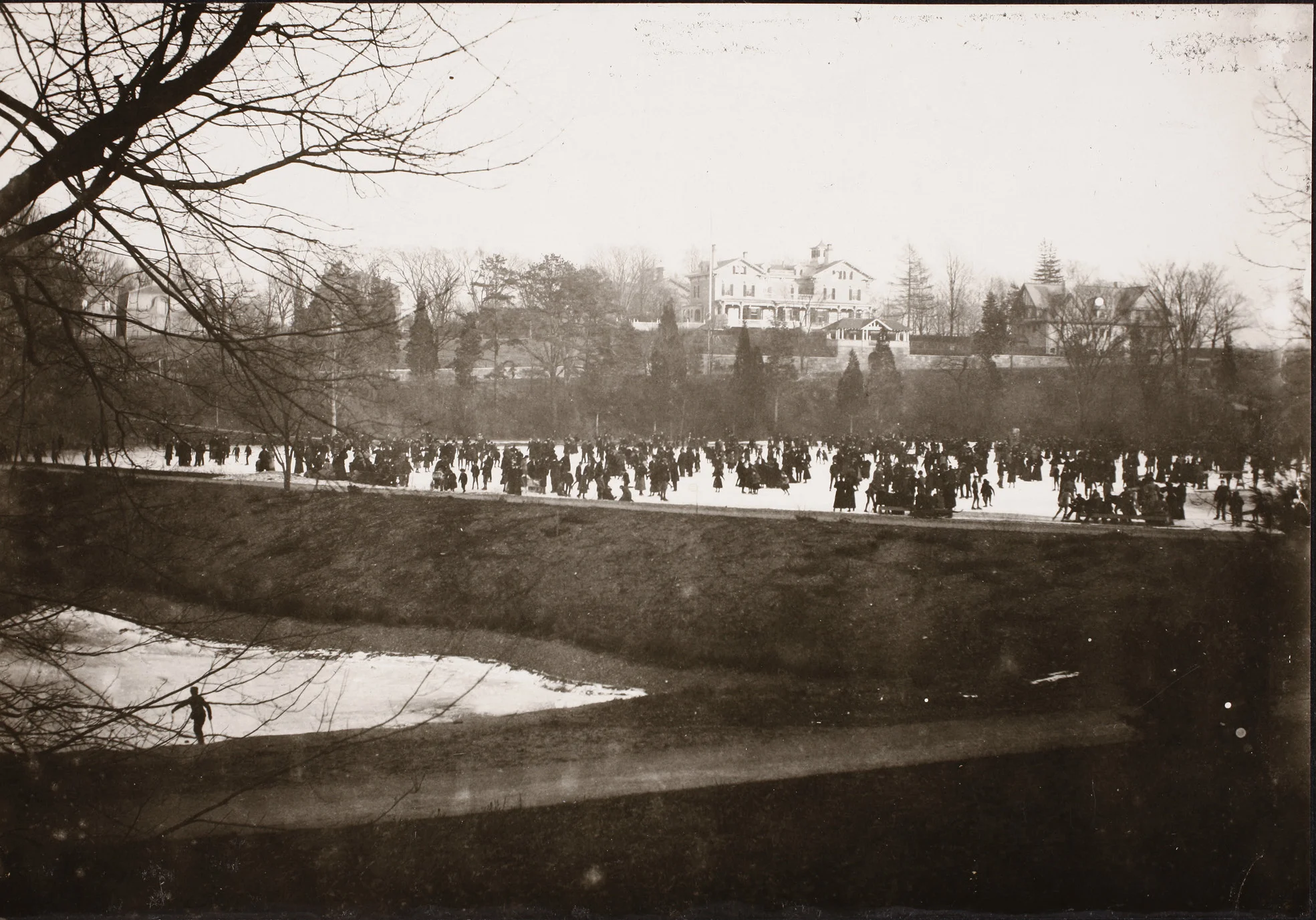   Ward&#8217;s Pond looking towards Jamaica Plain. Photograph courtesy of Public Library of Brookline.  