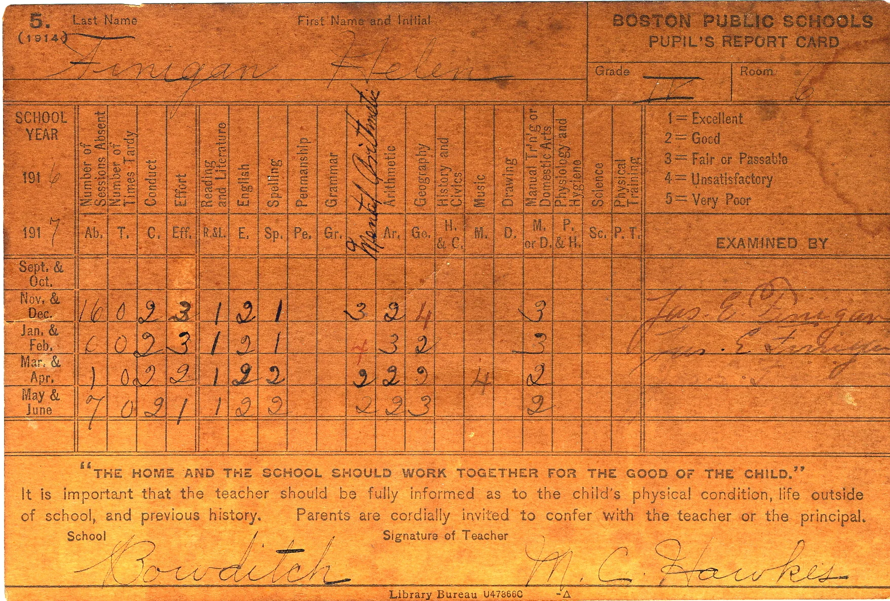 Bowditch School report card 1916-1917 school year for Helen Finigan. Original in Jamaica Plain Historical Society archives. Donated by Nicholas O’Connor, Littelton, MA on 8/2/2014. Download