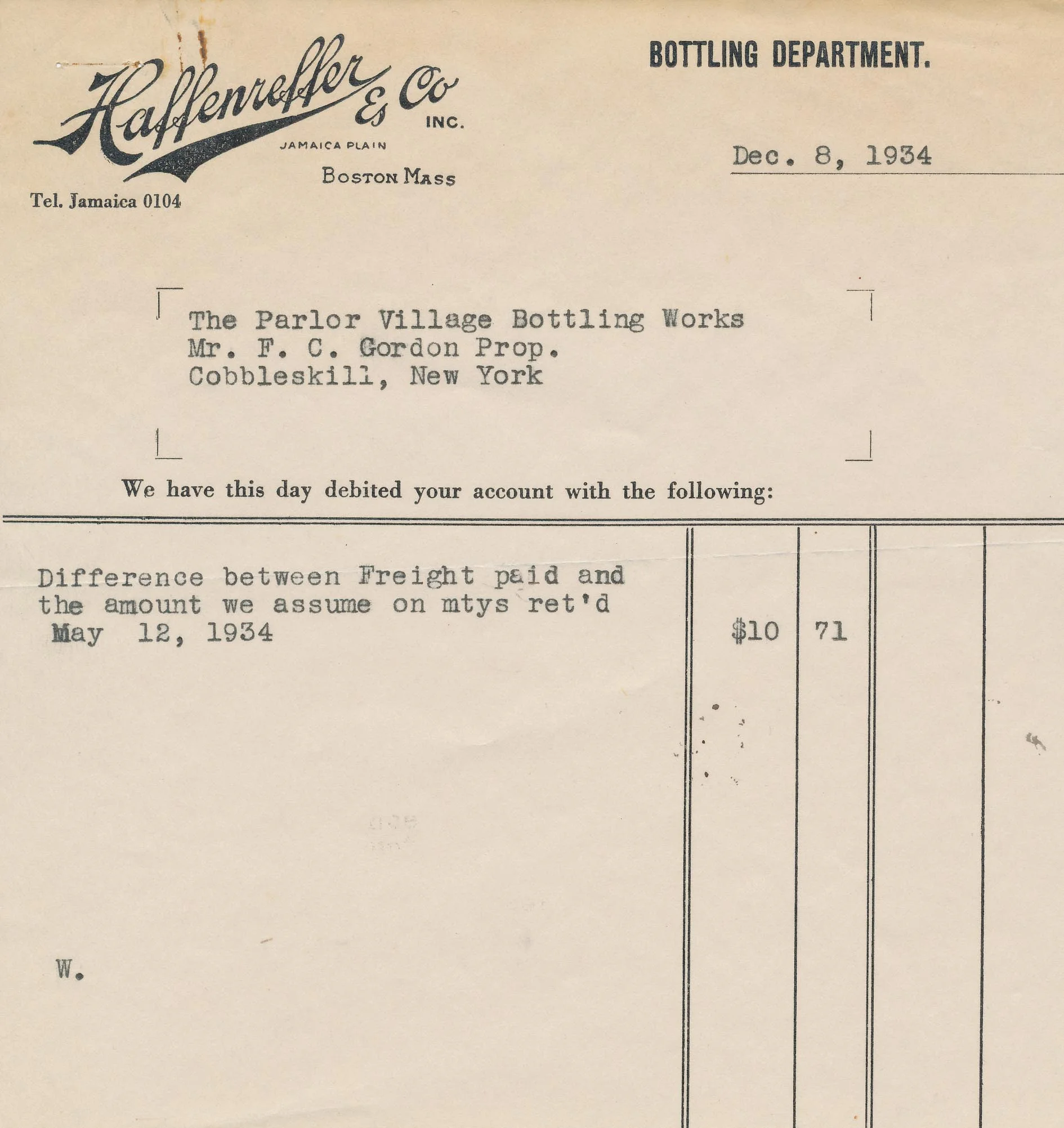 Invoice from Haffenreffer & Co. bottling department to Mr. F. C. Gordon, The Parlor Village Bottling Works, Cobbleskill, New York. Dated 12/8/1934. From Jamaica Plain Historical Society archives. Download