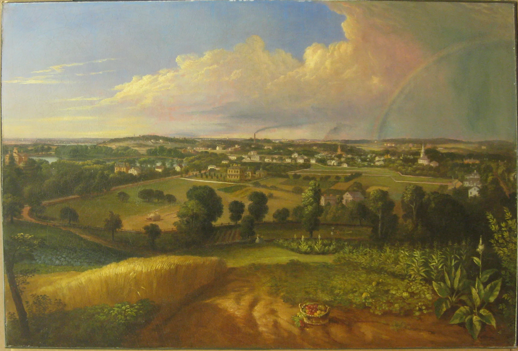 Image of painting by H.C. Pratt courtesy of Anne Brewer. This view of Jamaica Plain shows May Street in the foreground and Jamaica Pond on the left. Charles River can be seen beyond the pond and Parker Hill to the right of the river. Pond Street is shown running from the lower left-hand side of the view. The smoke stack in the center of the picture is likely the chemical factory near Heath and Highland Streets. The Captain Brewer House is shown prominently in the center of the view. The date of the painting is unknown, possibly circa 1840. Thanks to Mark Bulger for the research and captioning. More information about H.C. Pratt may be found here: http://en.wikipedia.org/wiki/Henry_Cheever_Pratt Download