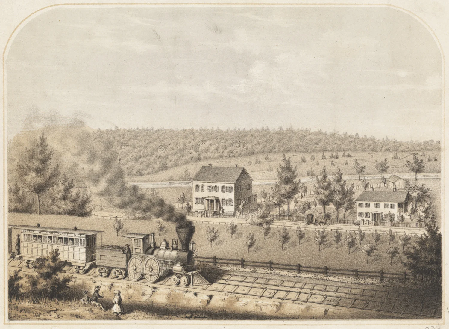 1858 color lithograph of the Wanckel Estate possibly showing Stony Brook in the background. There’s some dispute as to whether the estate was off Lamartine Street or Shawmut Street (later Washington). Courtesy of the Boston Public Library .