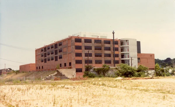 Former Boston Gas building, 144 McBride St. at Washington St. during conversion to Jamaica Plain High School ca. 1979. In 1989, it became English High School.