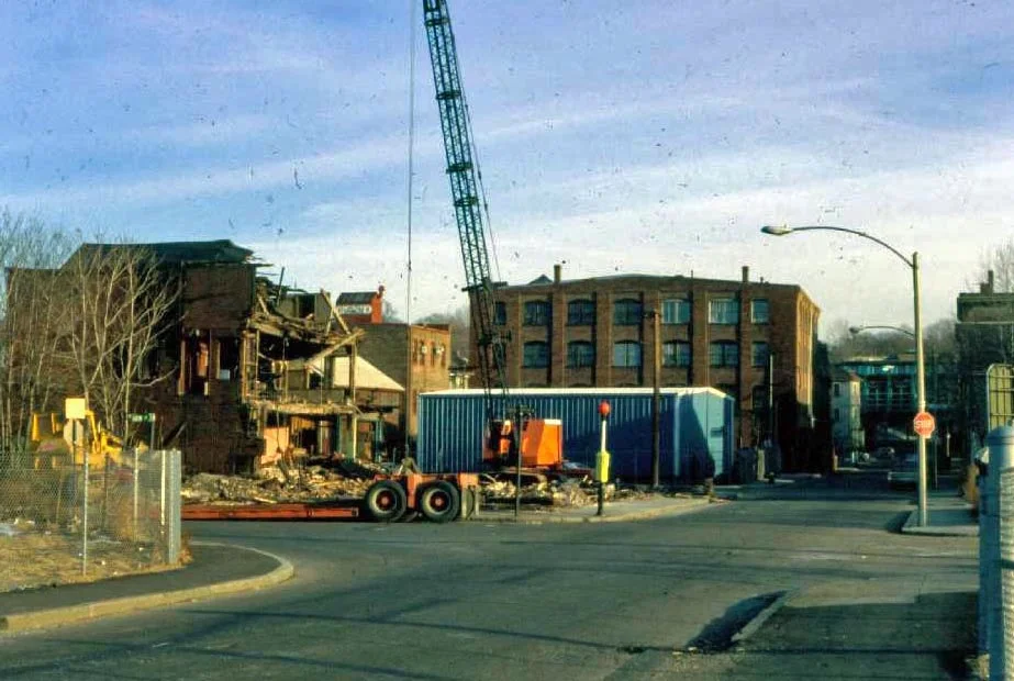 Building under demolition at the corner of Green and Amory Streets diagonally opposite Green Street Station. Photograph courtesy of Will and Sharlene Cochrane. Higher resolution copies of images in this gallery can be found at: http://www.archive.org/details/1980sPhotographsGreenSt.AmorySt.EverettSt.JamaicaPlain