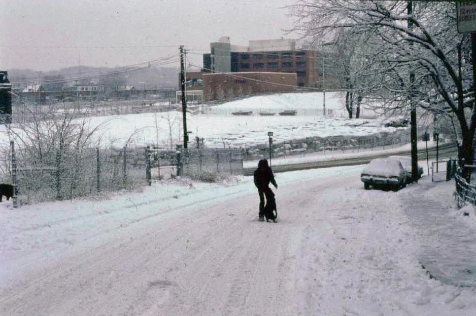 View looking down Everett St. towards Jamaica Plain High School. Elevated MBTA Orangle Line can be seen on left. Note storage of embankment granite blocks. Photograph courtesy of Will and Sharlene Cochrane. Higher resolution copies of images in this gallery can be found at: http://www.archive.org/details/1980sPhotographsGreenSt.AmorySt.EverettSt.JamaicaPlain
