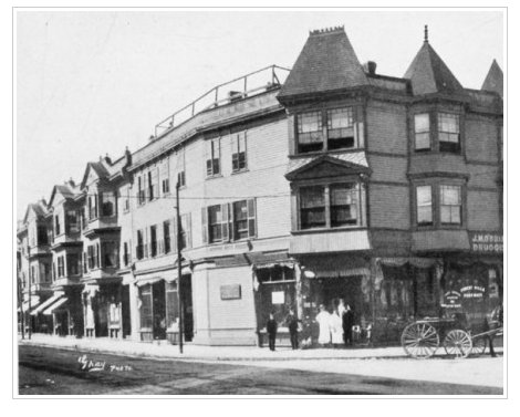 Morton’s Market with adjoining stores and apartments circa 1900. West Roxbury Historical Society