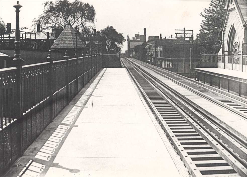 Egleston Square platform on July 30, 1908. The Egleston Square Methodist Church on right was overwhelmed by noise from the trains and moved to Walnut Ave.