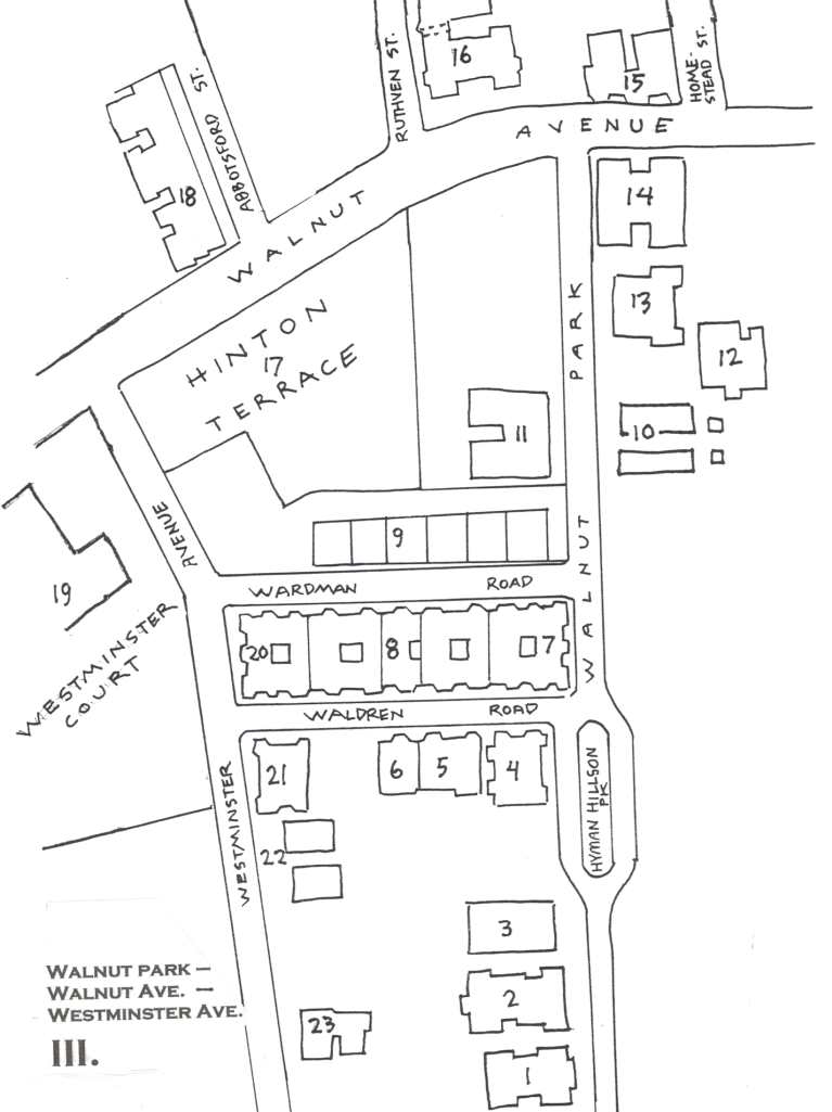 Map of Walnut Park showing Walnut Avenue and Westminster Avenue.