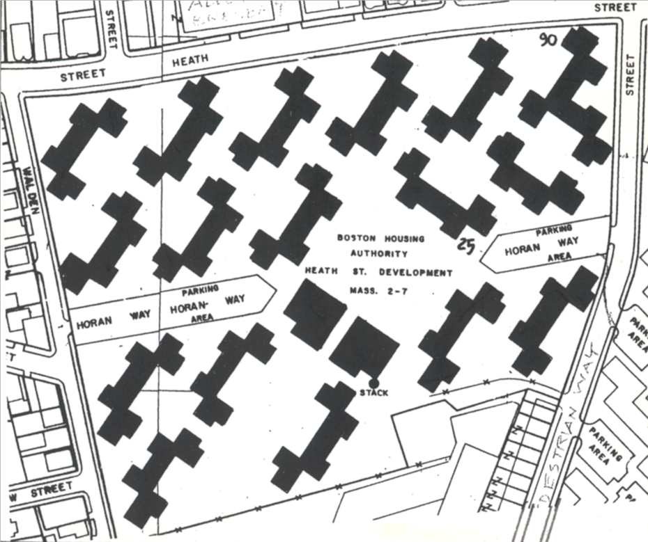 Heath Street development as built in 1941 shown at the same angle as the 1933 map to illustrate the objective of public housing planners to obliterate interior streets, increase light,air and park spaces between buildings, and decrease housing costs by constructing z - shaped superblocks. 