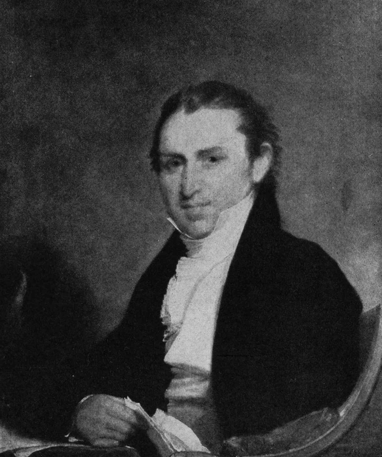 John Lowell (1769-1840), ‘The Rebel’, the Old Judge’s eldest son by his first wife Sarah Higginson, Federalist pamphleteer, bitter opponent of Jefferson and Madison, was considered by future generations of the family it’s most brilliant member. After the shock of his failure to save the life of Jason Fairbanks, he abandoned the law and devoted his life to travel, agriculture, and good works. He was active in the national and civic affairs from the days of George Washington to those of Andrew Jackson. Painting by Gilbert Stuart, on display at Lowell House, Harvard University. Image taken from The Lowells and their Seven Worlds, Ferris Greenslet, Houghton Mifflin Co., Boston, 1946.