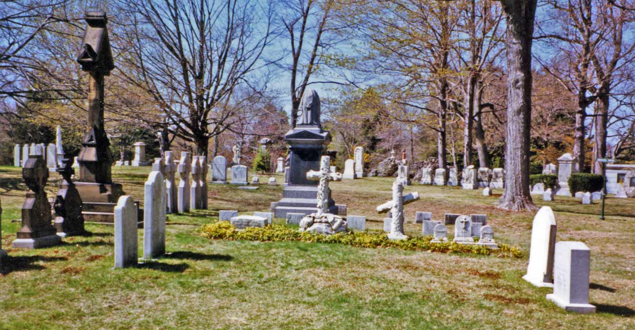 The Lowell family burial plot at Forest Hills Cemetery in Jamaica Plain. The stones for ‘Old Judge’ John Lowell and for his son, ‘The Rebel’ are on the left. The Old Judge was removed from the family tomb at the Boston Common Burial Ground in 1895 to allow for the construction of the Boylston Street subway. The author acknowledges with gratitude Ms. Dee Morris for her assistance in locating the Lowell plot. Augustus Lowell, who sold and subdivided his family’s estate, is buried with his family in another part of the cemetery. Photograph courtesy of Richard Heath, April 28, 2001