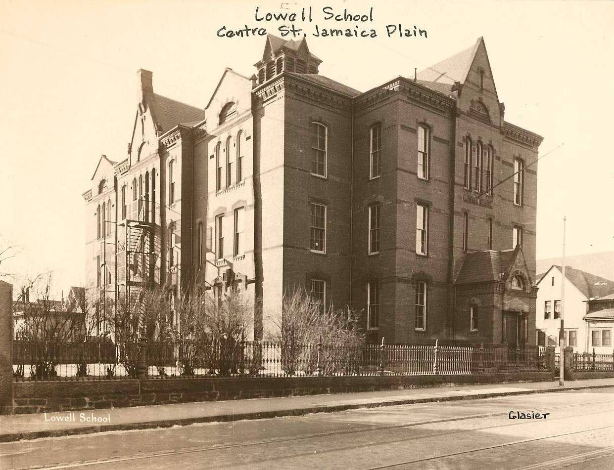 The Lowell School at the corner of Centre and Mozart Streets. This is now the site of the Mozart Playground. The school was dedicated on November 11, 1874 and razed about 1963 for the playground. Photograph courtesy of the City of Boston Archives.