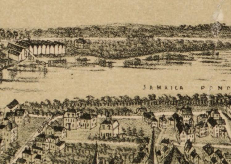 A section of a bird’s-eye view of Jamaica Plain showing ice houses on Jamaica Pond.