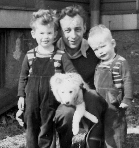 (left to right) Paul Trudel, Paul’s father, and Paul’s brother David, and his dog, Fluffy.