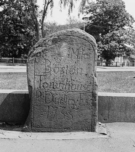 Marker #5 located by the monument at Centre and South Streets in Jamaica Plain. Photograph by Frank O. Branzetti in 1940. Library of Congress.