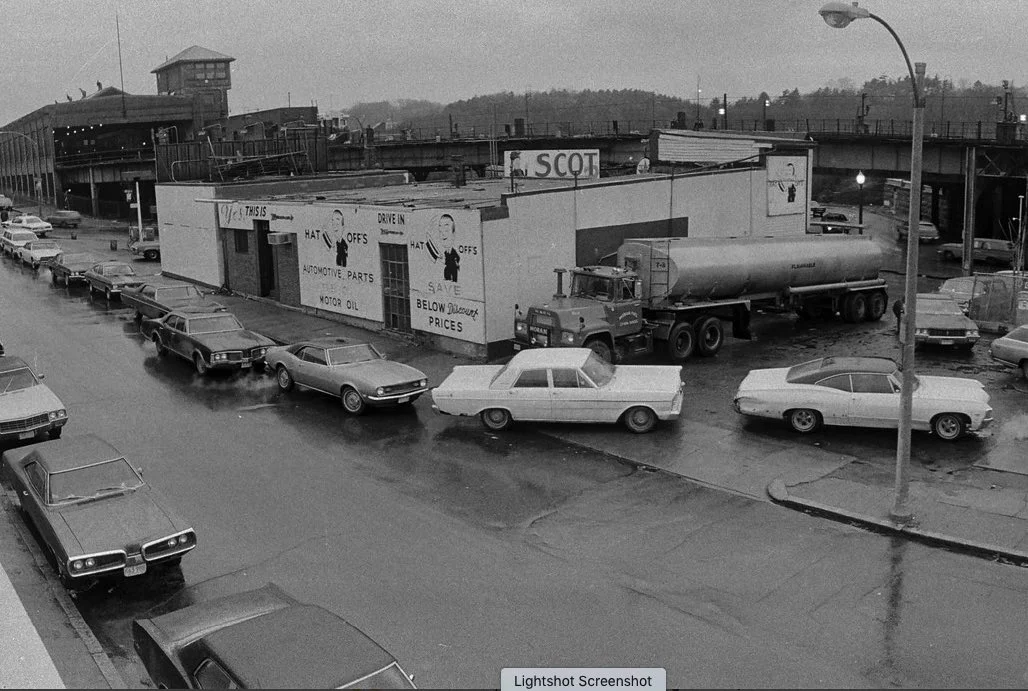 Cars line up for gas at Hat Offs during 1970s. Download high-resolution file .
