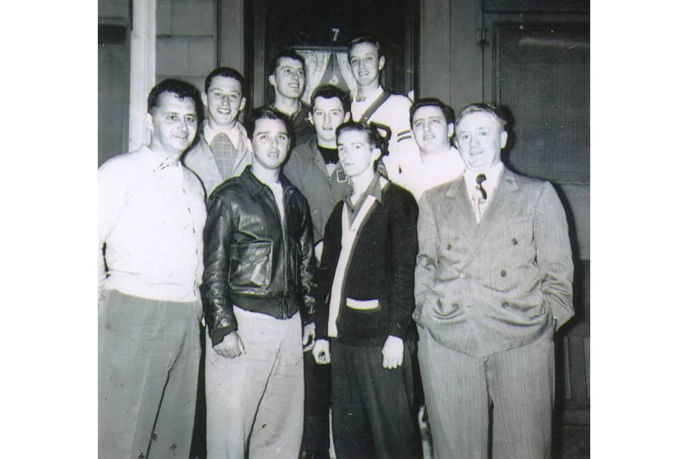 Most of these fellows were “Big Kids”. Front row, left to right: Coach Al “China” MacFarland, Tom Griffin, Bob Quinn, and Mr. Clifford. Second row, left to right, Frank O’Connor, Jack O’Connor, and Tom Duffin. Back row, left to right, Frannie Tighe and Dickie Sullivan. 1949. 