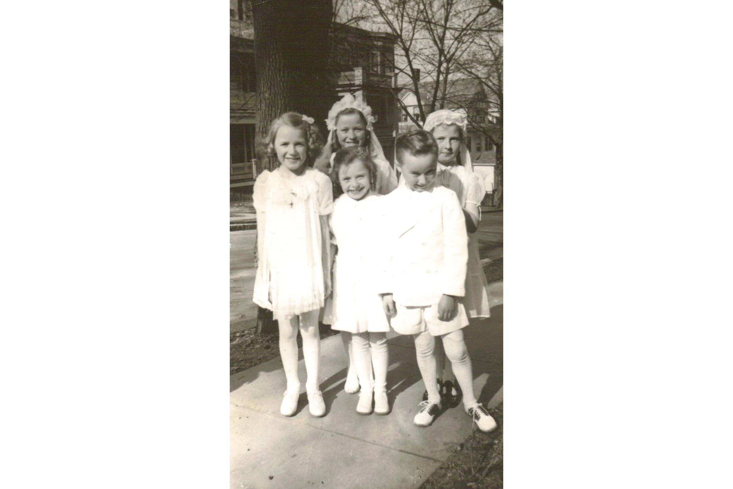 May Procession Day, Montebello Road, 1942. Front row, left to right, Helen Cradock, Mary Thornton, and Bobby Power. Back row, left to right, Patsy Cradock and Reety Conlon.