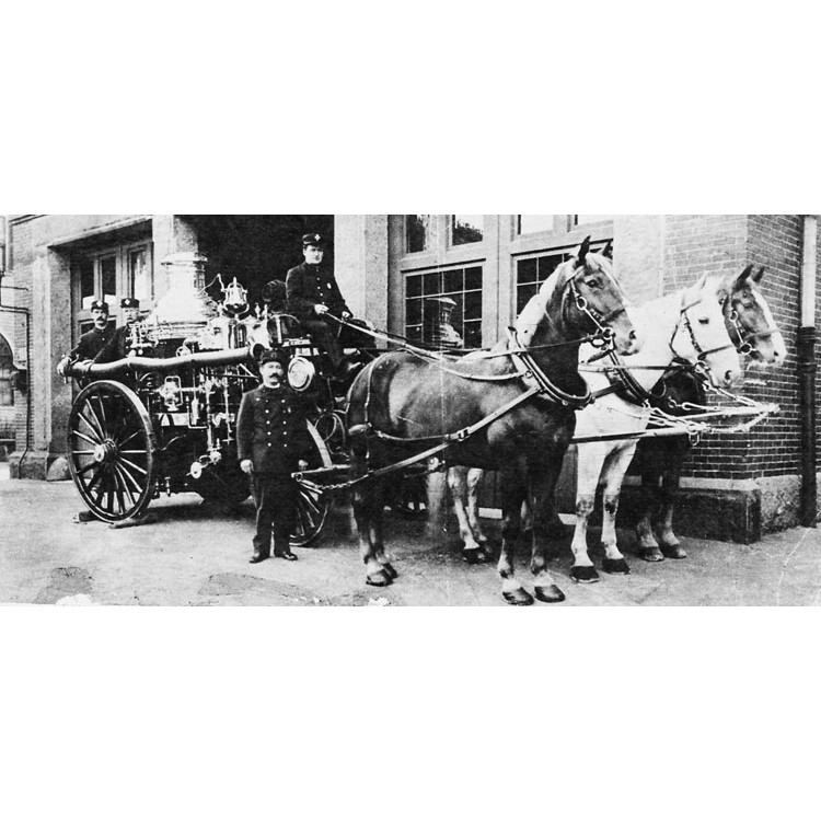 Firemen outside of Engine Company 28 on Centre Street, near Myrtle Street in 1904. Photograph courtesy of the Boston Public Library.