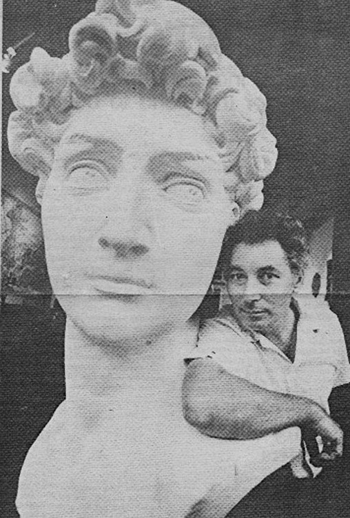 Lino Guist with the full-sized plaster Head of David. Jerry Berndt photograph. Boston Phoenix. Aug 23,1977.