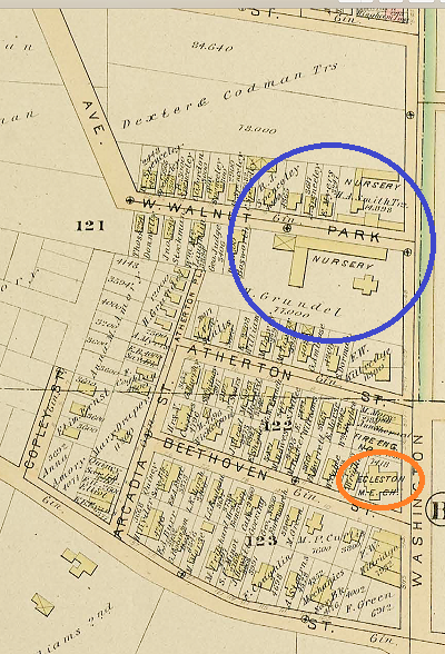 1884 G.W. Bromley Atlas of West Roxbury. Showing the Grundel and Smith greenhouses (blue circle), firehouse and the Egleston Square Methodist Church (orange circle).